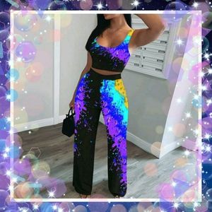 💜Multi Color Print Top and Wide Leg Pant Set💜